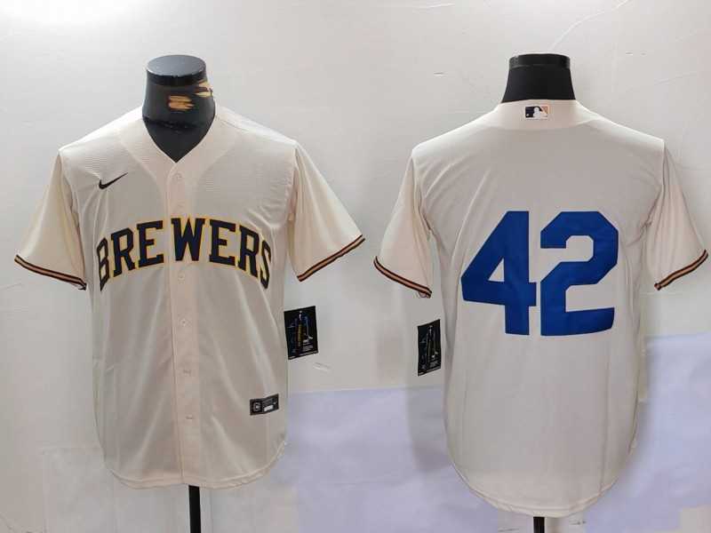Men%27s Milwaukee Brewers #42 Jackie Robinson Cream Cool Base Stitched Jersey